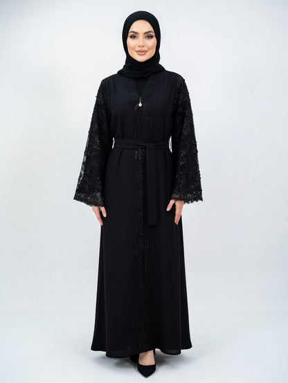 Elegante Dubai Abaya mit Spitze – Blickdicht & zeitlos in Schwarz