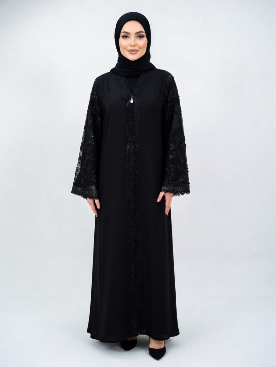 Elegante Dubai Abaya mit Spitze – Blickdicht & zeitlos in Schwarz