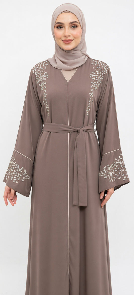 Elegant Abaya with Embroidery – Opaque & Timeless in Brown