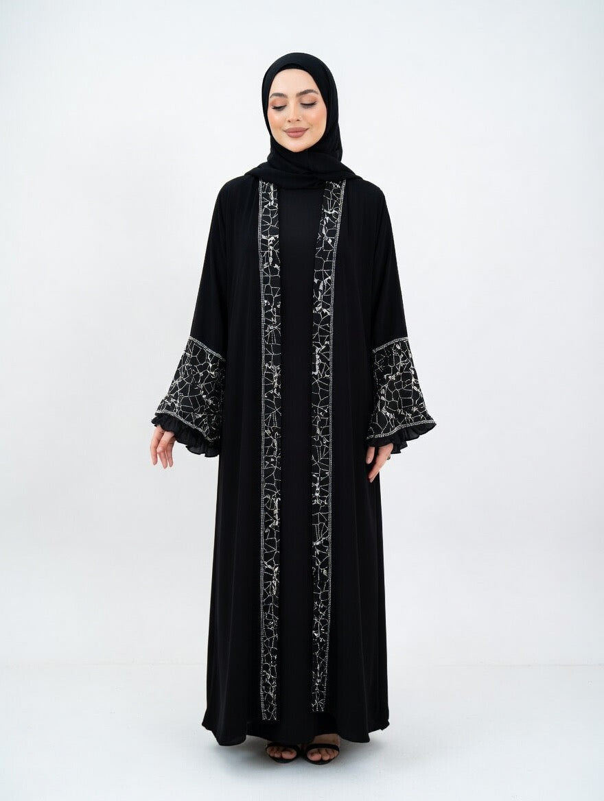 2 Teilig Elegante Dubai Abaya mit Musterdetails – Blickdicht mit langarmigem Unterkleid