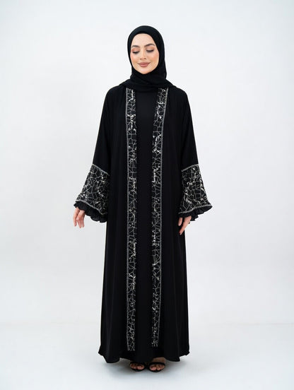 2 Teilig Elegante Dubai Abaya mit Musterdetails – Blickdicht mit langarmigem Unterkleid