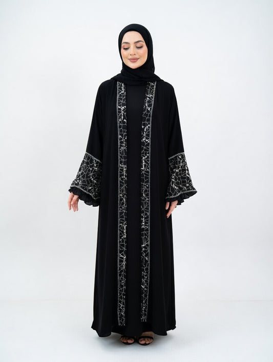 2 Teilig Elegante Dubai Abaya mit Musterdetails – Blickdicht mit langarmigem Unterkleid
