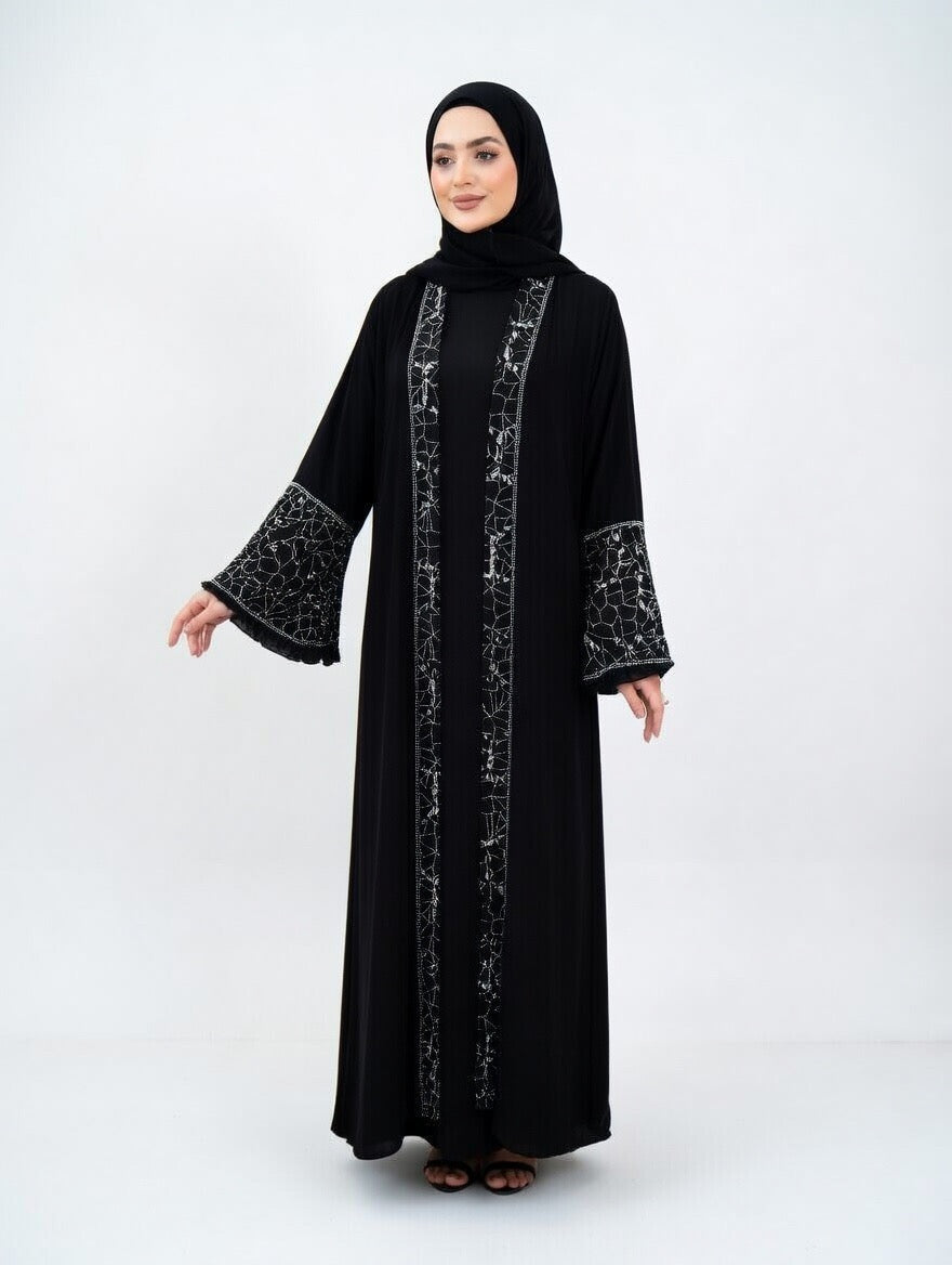2 Teilig Elegante Dubai Abaya mit Musterdetails – Blickdicht mit langarmigem Unterkleid
