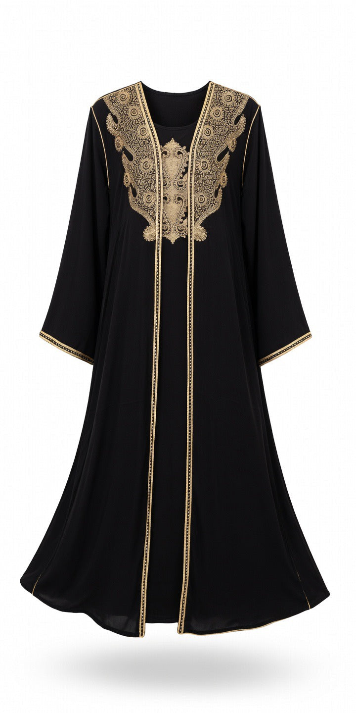 Elegante Zweiteilige Abaya – Mit fein besticktem Kimono &amp; ärmellosem Unterkleid