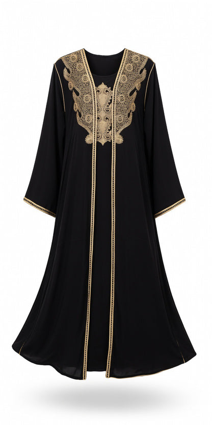 Elegante Zweiteilige Abaya – Mit fein besticktem Kimono &amp; ärmellosem Unterkleid