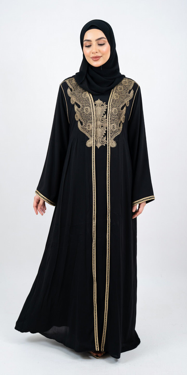 Elegante Zweiteilige Abaya – Mit fein besticktem Kimono &amp; ärmellosem Unterkleid