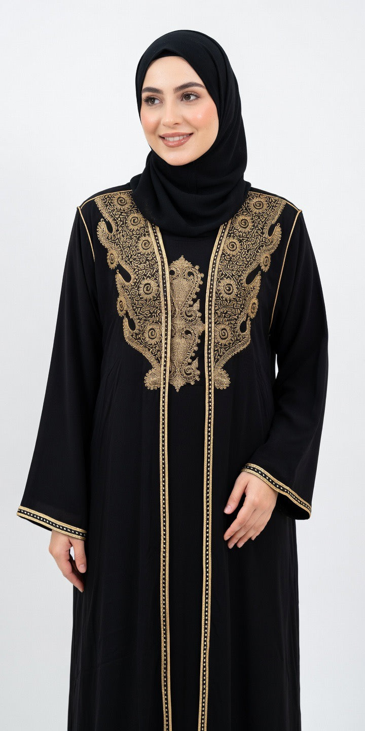 Elegante Zweiteilige Abaya – Mit fein besticktem Kimono &amp; ärmellosem Unterkleid