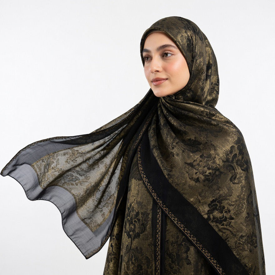 Eleganter Premium Organza Hijab in Schwarz-Gold– Luxuriöser Fall & edle Fall