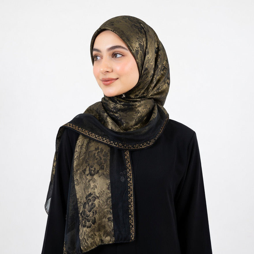 Eleganter Premium Organza Hijab in Schwarz-Gold– Luxuriöser Fall & edle Fall