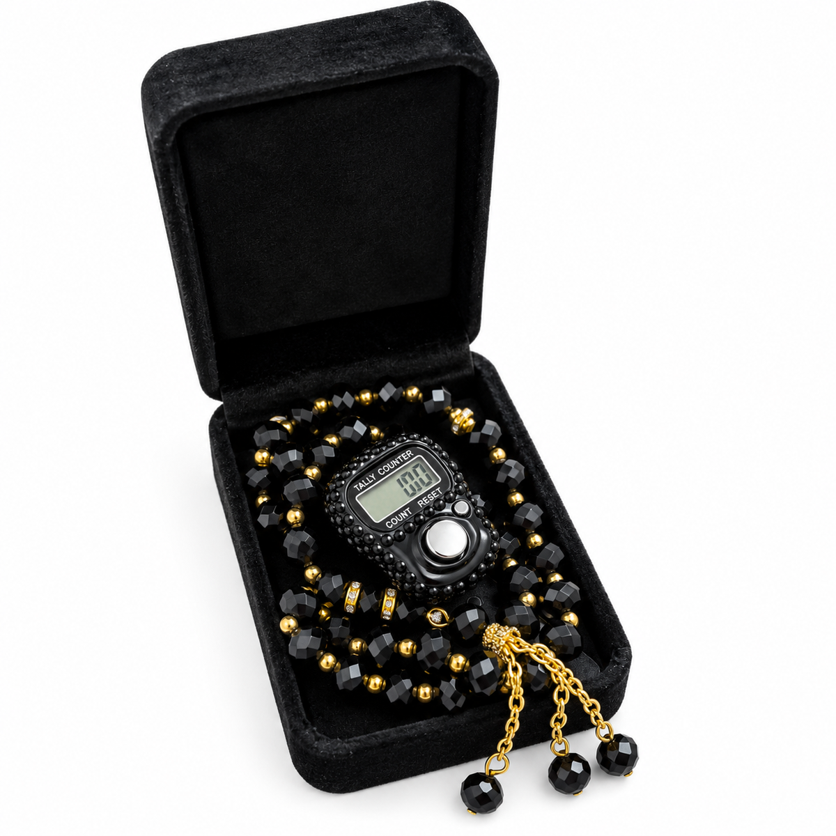Premium Digitaler Tasbih – Schwarze Gebetskette mit Zähler & Geschenkbox.
