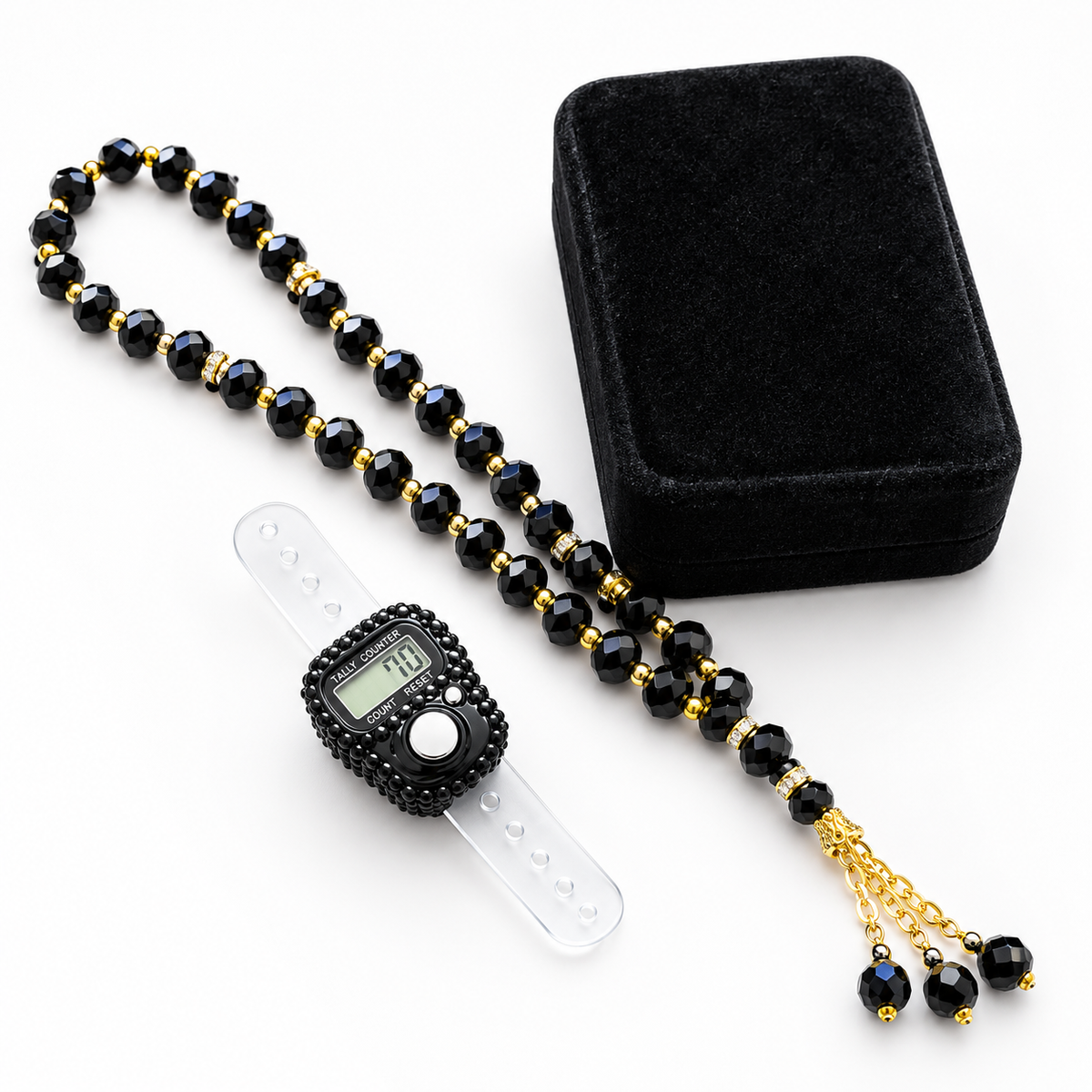 Premium Digitaler Tasbih – Schwarze Gebetskette mit Zähler & Geschenkbox.