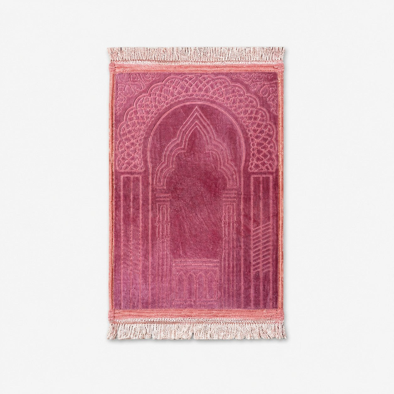 Gepolsterter amana Kinder-Gebetsteppich in Dunkelrosa mit traditionellem Mihrab-Muster und weichen Fransen