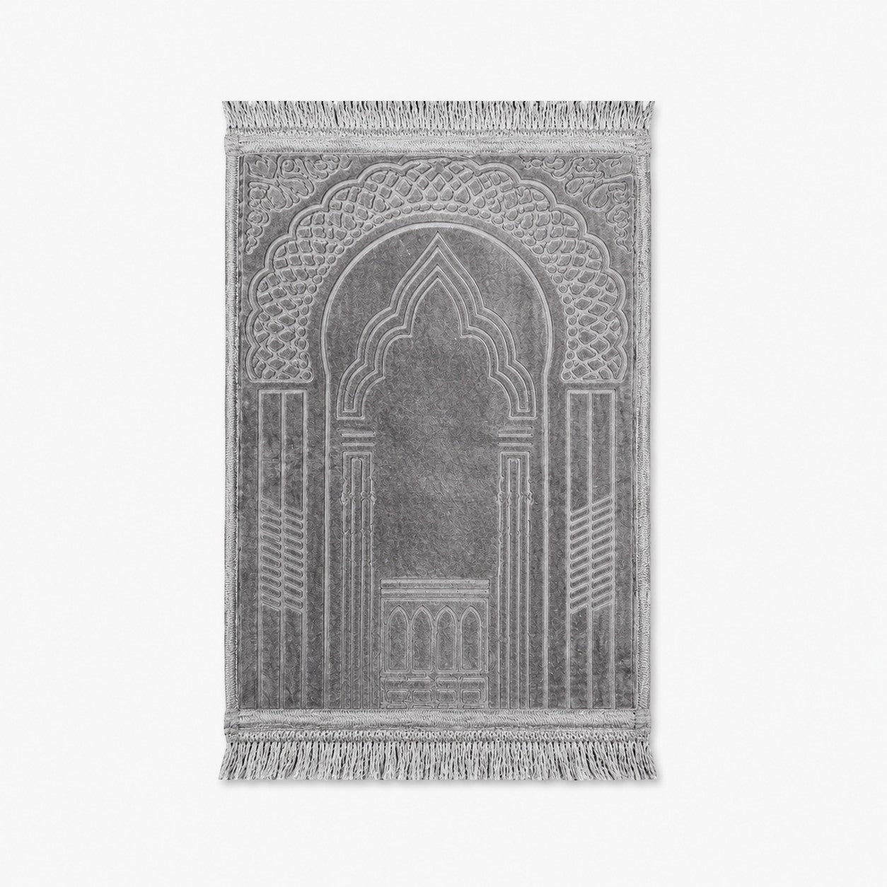 Grauer gepolsterter amana Kinder-Gebetsteppich mit elegantem Mihrab-Muster und Fransen für hohen Komfort beim Beten.
