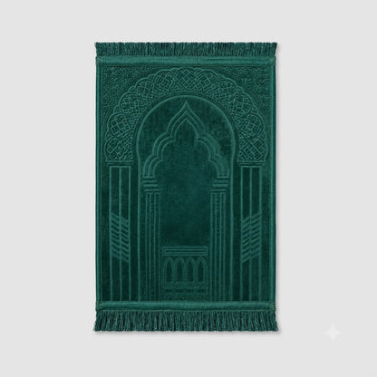 Amana weicher, dunkelgrüner Kinder-Gebetsteppich mit Polsterung und traditionellem Mihrab-Muster.