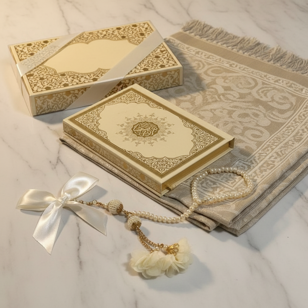 Quran Geschenkbox 3teiliges Set - Creme-Gold