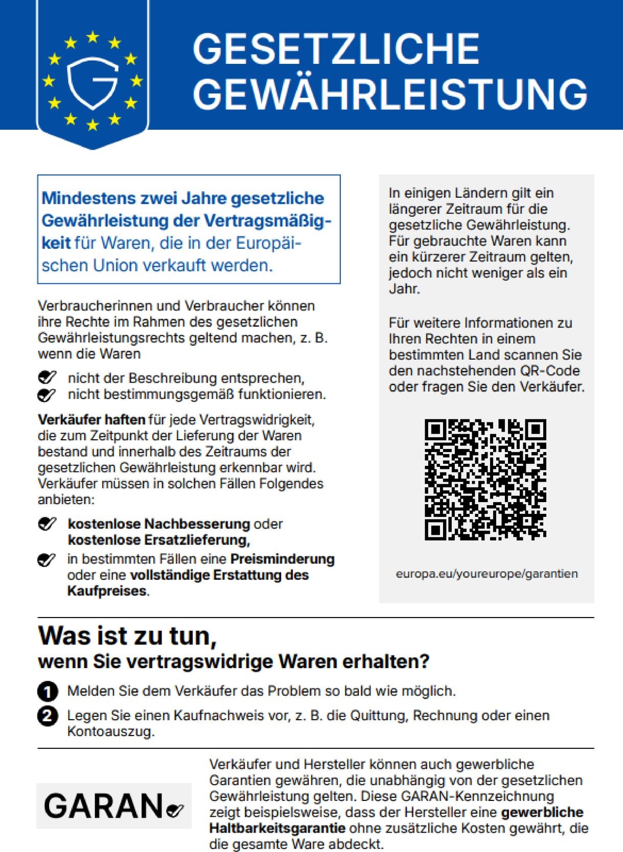 Gesetzliche Gewährleistung - Information der Europäischen Union